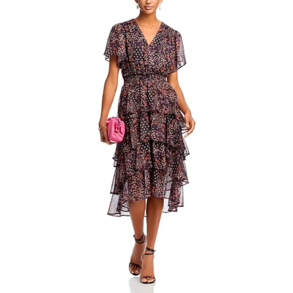 KOKO + MASON Tiered Midi Dress Women's XS Metallic Floral Chiffon Flutter Sleeve